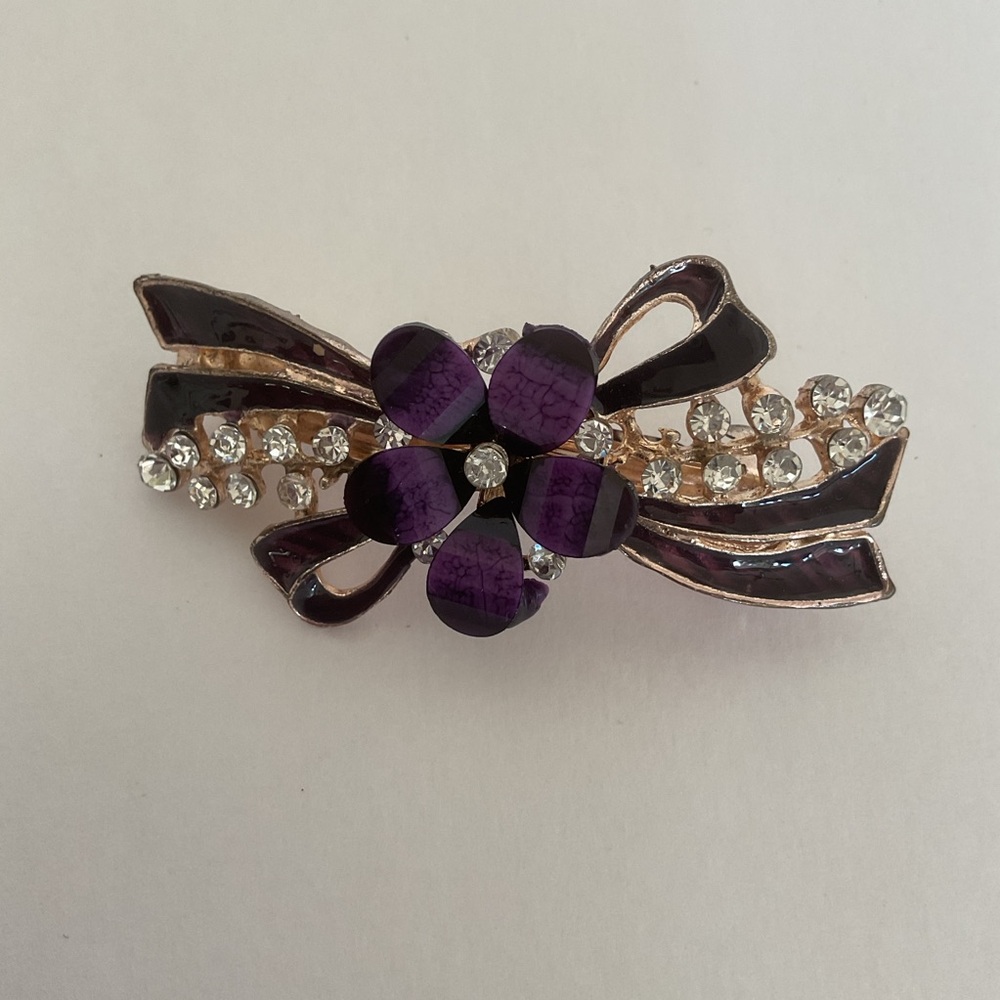 Vintage Purple Rhinestone and glass flower and bow hair clip